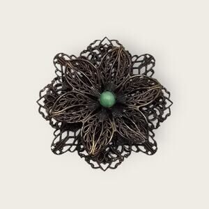 Floral Filigree Brooch Darkened Metal Green Cabochon Vintage Dark Romantic